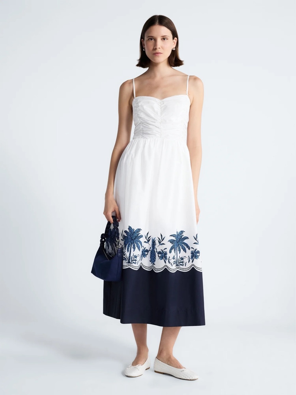 Free Assembly Navy & White Ruched Midi Dress – Size M | NWT